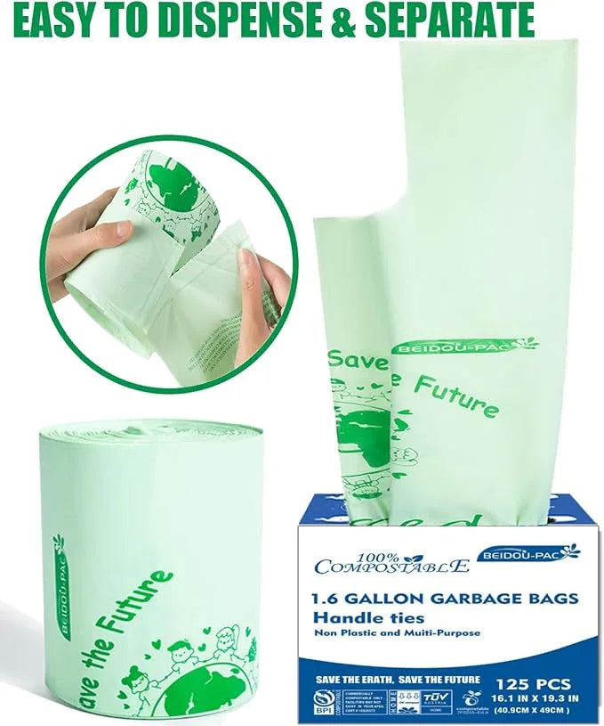 1.6 Gallon Compostable Trash Bags with Handle, 250 Count Small Compost Bags, Biodegradable Kitchen Garbage Bags, Food Scrap Waste Bags for Countertop Bin, ASTM D6400, US BPI Certified - NeatNest