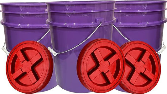 House Naturals 5 Gallon Purple Food Grade BPA Free, Made in USA Plastic Bucket with Screw On Airtight lid, (Pack of 3) (Purple Buckets with Scarlet Red lids) - NeatNest