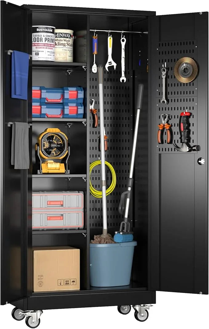 SUXXAN Broom Closet Storage Cabinet with Wheels 71.4"x 33.9"x16.9", Metal Cleaning Cabinets with Hooks and Hanging Rods, Lockable Cabinet with Pegboard, Adjustable Shelf,for Garage, Laundry Room - NeatNest