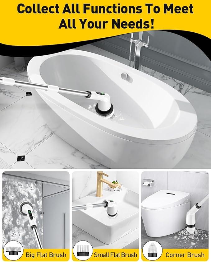 Electric Spin Scrubber for Cleaning Bathroom, Shower Scrubber Cordless Cleaning Brush with IPX7 Waterproof & 2 Speed, 3 Brush Heads, Bathroom Cleaning Supplies for Shower Tub Kitchen Tile Toilet White - NeatNest