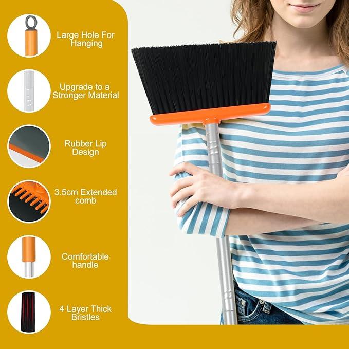 Broom and Dustpan Set with 54 Inch Long Handle - Perfect Dust Pan and Brush Combo for Home Efficient Cleaning (Orange and Grey) - NeatNest
