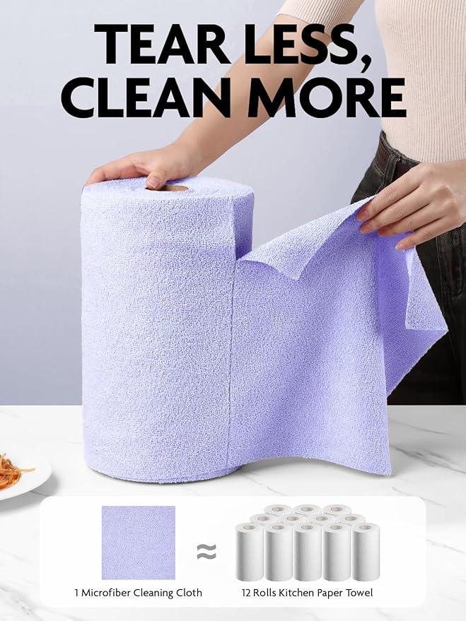 Fantasticlean Microfiber Cleaning Cloth Roll -75 Pack, Tear Away Microfiber Towels, 12" x 12", Reusable, Washable, Scratch Free, Ultra Absorbent Dishcloth for Home Supplies, Car, Pet (Lavender) - NeatNest