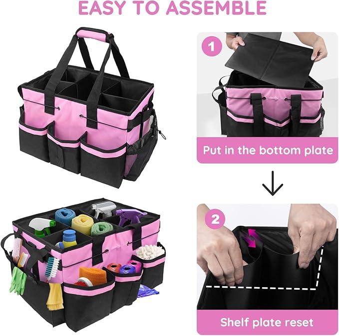 ZKOO Large Cleaning Caddy Bag with Handle, Built-in Sturdy Support Board, Adjustable Shoulder Strap, Multi-compartment Design Cleaning Supply Tote for Cleaners & Housekeepers (Pink) - NeatNest