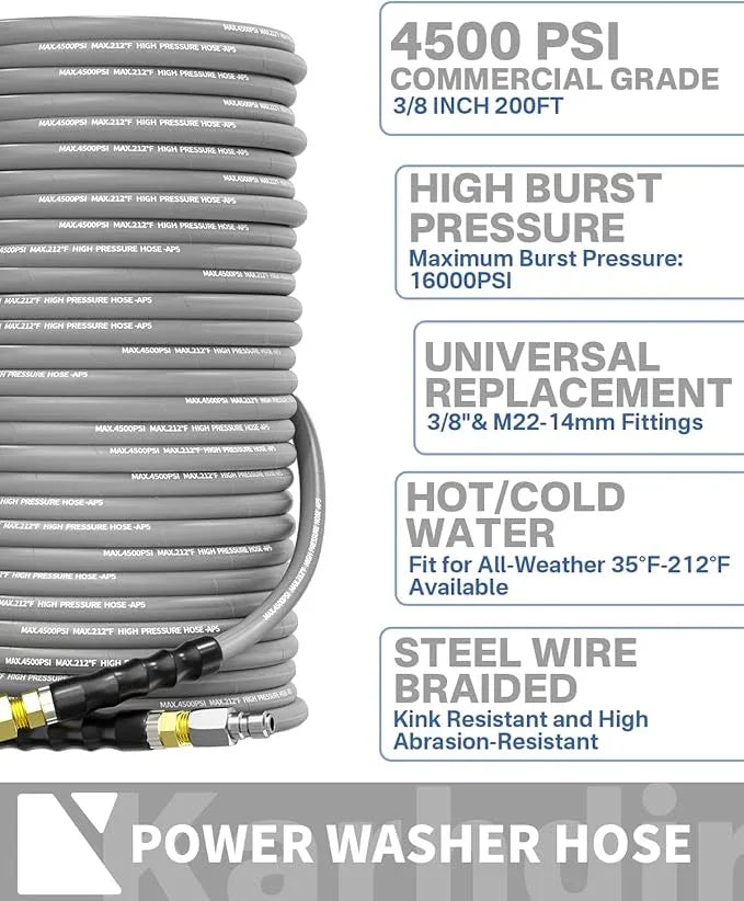 Pressure Washer Hose 200FT 3/8" for Cold and Hot Water 212°F, with Swivel Quick Connect, 4500PSI Kink Resistant Grade Steel Wire Braided, Power Washer Hose With 2pcs M22-14mm Adapter - NeatNest