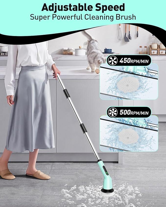 Electric Spin Scrubber for Cleaning Bathroom, Shower Scrubber Cordless Cleaning Brush with IPX7 Waterproof & 2 Speed, 3 Brush Heads, Bathroom Cleaning Supplies for Toilet Shower Tub Mint Green - NeatNest