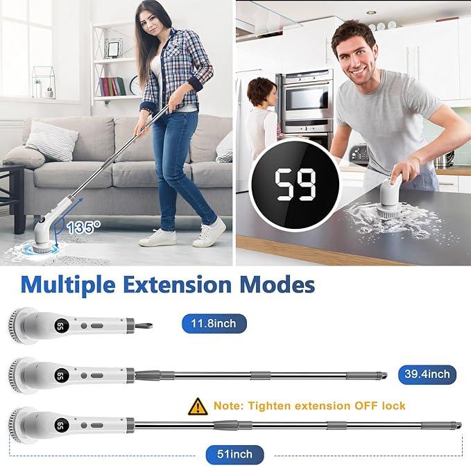 Qimedo Handheld Spin Scrubber with Extended Long Handle, Rechargeable Electric Scrubber for Cleaning, Cordless Power Dish Scrubber with 6 Brushes for Bathtub Grout Tile Floor - NeatNest