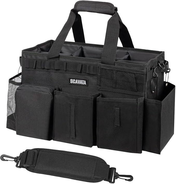 Wearable Cleaning Caddy Bag, Supplies Organizer with Handle & Shoulder Straps for Housekeepers, Under Sink & Car Cleaning Tool Organizer with 4 Foldable Dividers (Black) - NeatNest