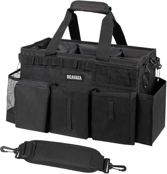 Wearable Cleaning Caddy Bag, Supplies Organizer with Handle & Shoulder Straps for Housekeepers, Under Sink & Car Cleaning Tool Organizer with 4 Foldable Dividers (Black) - NeatNest