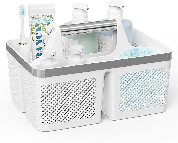Plastic Shower Caddy Dorm: Portable Bathroom Caddy Organizer with Handle and Holes, Cleaning Basket, Hard Shower Basket Storage Tote for Toiletry, College Dorm Room Essentials White/Silver - NeatNest