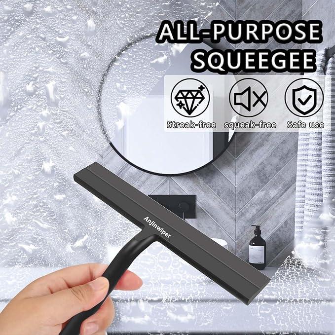 Shower Squeegee for Glass Doors with Adhesive Hook, All-Purpose Squeegee for Shower Glass, Bathroom, Window, Mirror, Car Glass and Tile Wall-8.6 Inches,Black - NeatNest