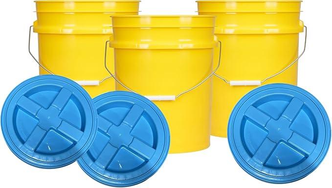 House Naturals 5 Gallon Plastic Yellow Food Grade BPA Free Made in USA Bucket Pail with Air Tight Double Gasket Screw on Lid(Pack of 3) (Yellow and Aqua lids) - NeatNest
