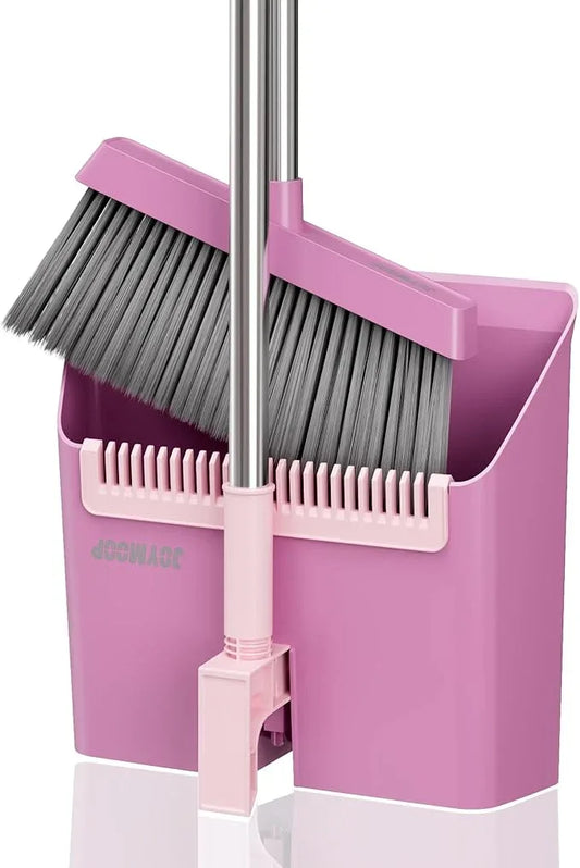 JOYMOOP Pink Broom and Dustpan Set, Upright Angle with Built-in Comb Teeth for Kitchen, Lobby, Pet Hair and Hard Floors - NeatNest