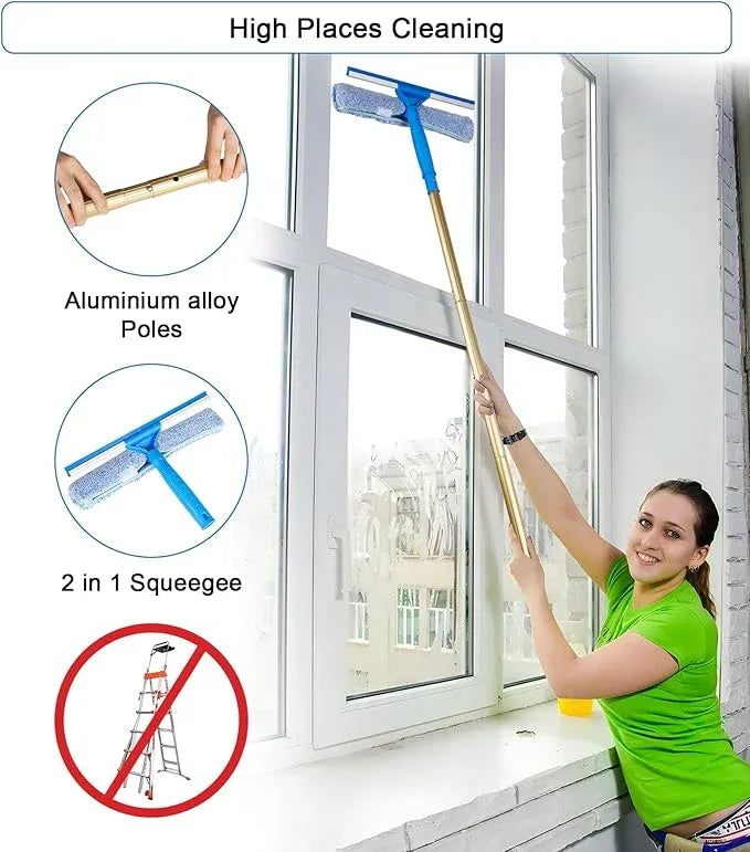 2 in 1 Window Squeegee Cleaning Kit with Aluminum Alloy Extension Poles, Scrubber, Glass Scrapper, Bendable Duster,2 Scrubber Cloth for Window, Car, Floor, Home, Garden - NeatNest