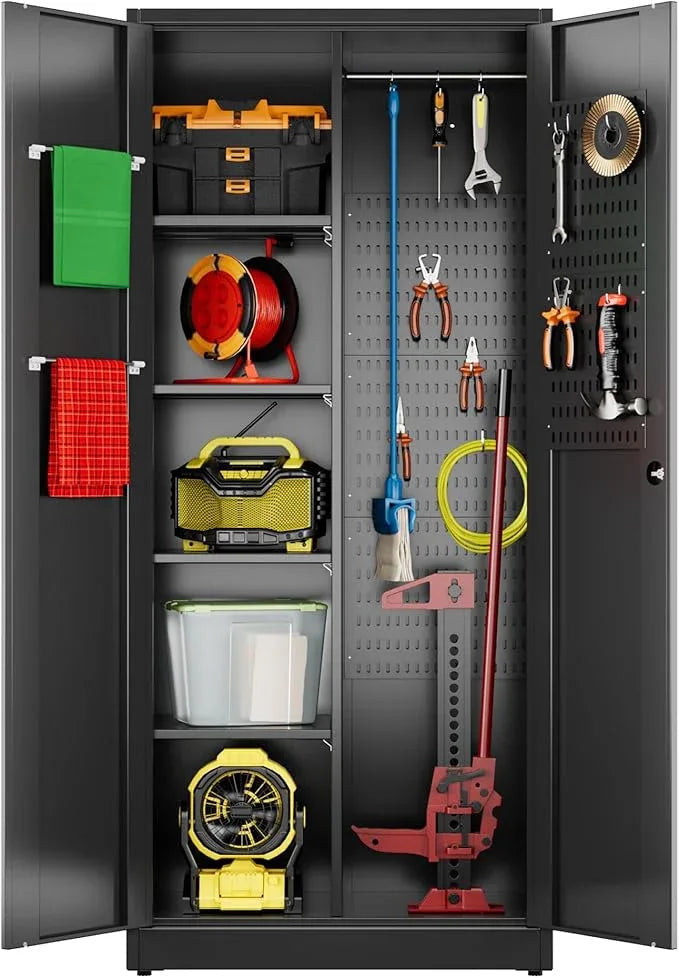 SUXXAN Broom Closet Storage Cabinet, 61.6" x 11.7" x 27.5" Metal Cleaning Cabinets with Hooks and Hanging Rods, Lockable Cabinet with Pegboard, Adjustable Shelf,for Garage, Laundry Room - NeatNest