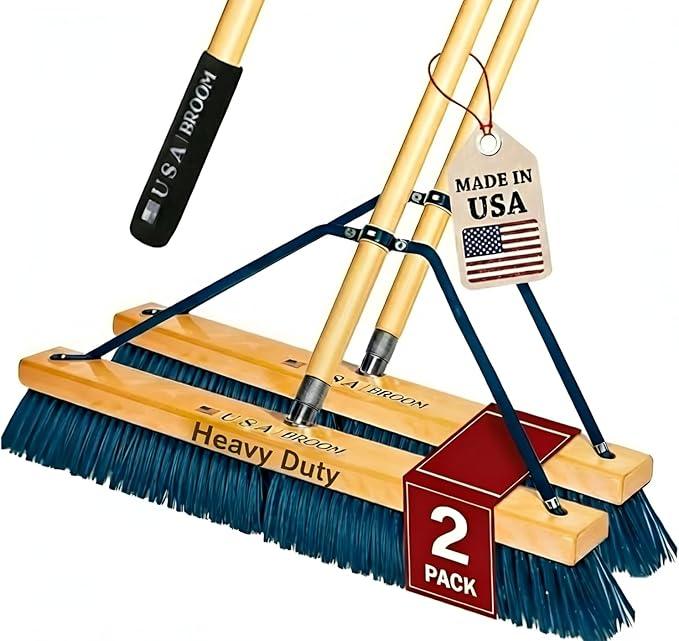 2 Pack Bundle - 24" Heavy Duty Outdoor Push Broom with 60" Handle. Ideal for Asphalt, Concrete & Heavy Debris. Durable American Made Steel Brackets-Stainless Steel Hardware. No Plastic. 100% USA Made. - NeatNest