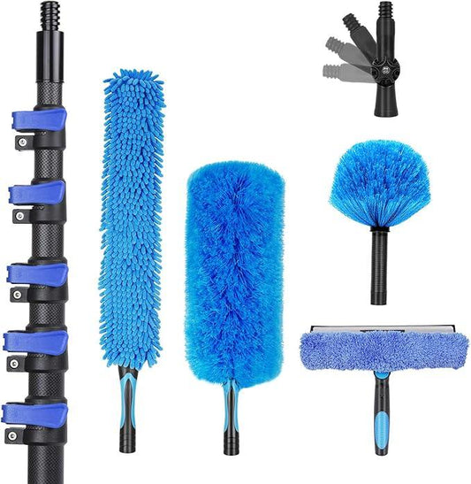 30 Foot High Ceiling Duster Kits with 4.7-24 FT Carbon Fiber Extension Pole, Feather Duster, Cobweb Duster, Ceiling Fan Duster, Window Squeegee & Cleaner with Pole 24 Ft - NeatNest