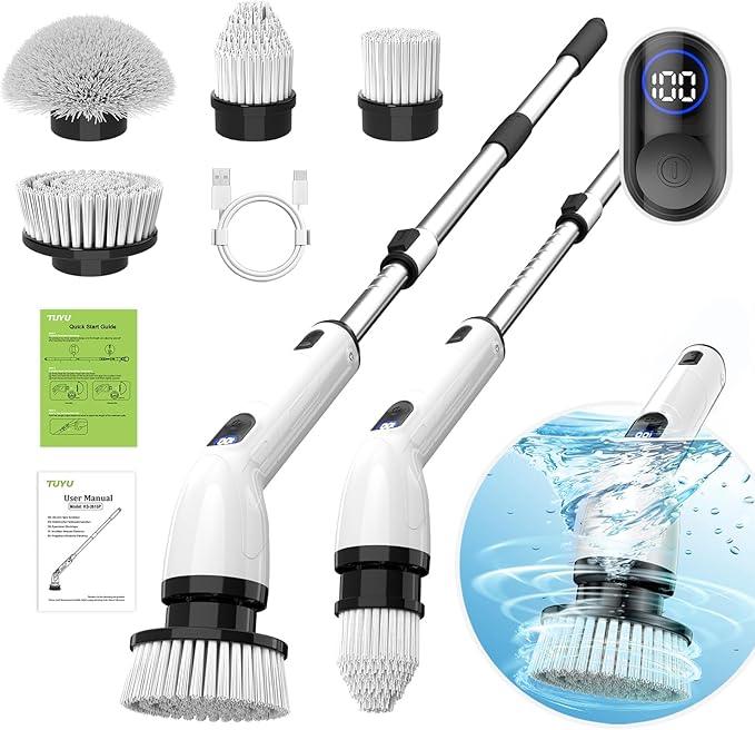 TUYU Electric Spin Scrubber, Full-Body IPX7 Waterproof Bathroom Scrubber with Power LCD Display, Adjustable Extension Handle, Cordless Shower Cleaner Brush for Bathtub Kitchen Wall Cleaning - NeatNest