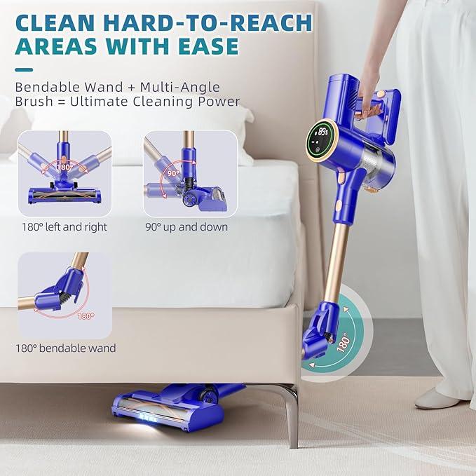 Cordless Vacuum Cleaner, 180° Bendable Wand Stick Vacuum Cleaners with LED Touch Screen, 8-in-1 Lightweight Rechargeable Vacuum with 1.5L Dust Cup for Home Hard Floor Low-Pile Carpet - NeatNest