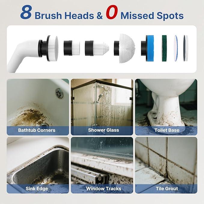 8 in 1 Electric Spin Scrubber for Cleaning Bathroom, 3000mAh Power Scrubber Cordless Cleaner with Long Handle, 3 Speeds Bathtub House Clean Brush Deep Cleaning for Tile, Shower, Wall, Floor - NeatNest