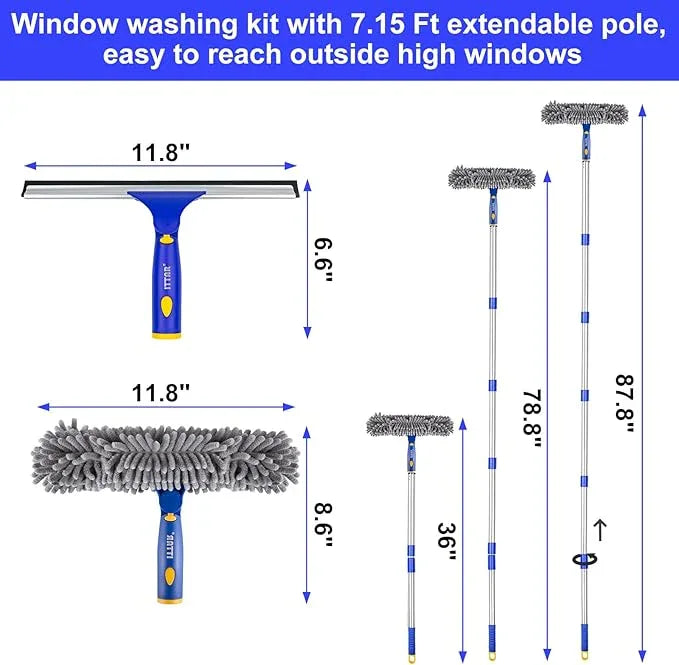 ITTAR Professional Window Cleaning Squeegee Kit, 7.15 Ft High Reach Cleaner Tool, Rotatable Window Washing Equipment with Extension Pole for Indoor/Outdoor Window, Glass, Car, 1 Blade 2 Scrubber - NeatNest