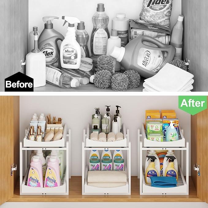 Bamboo Under Sink Organizer and Storage, 1 Pack Pull Out Cabinet Organization, 2 Tier Vertical Slide Out Undersink Storage Shelf, Multi-Purpose Organizer Shelves for Kitchen Bathroom Medicine, White - NeatNest