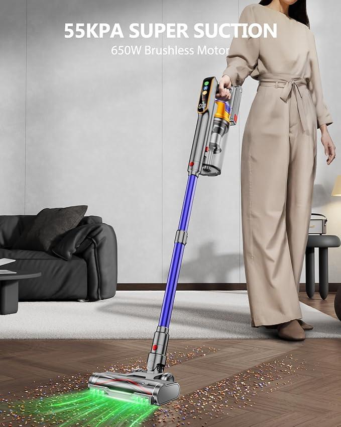 Cordless Vacuum Cleaner, 650W 55KPA 70Mins Vacuum Cleaners for Home, Stick Vacuum with 1.8L Cup, Anti-Tangle, 8-Stage Filter System, Green Light for Pet Hair, Carpet, Floor - NeatNest