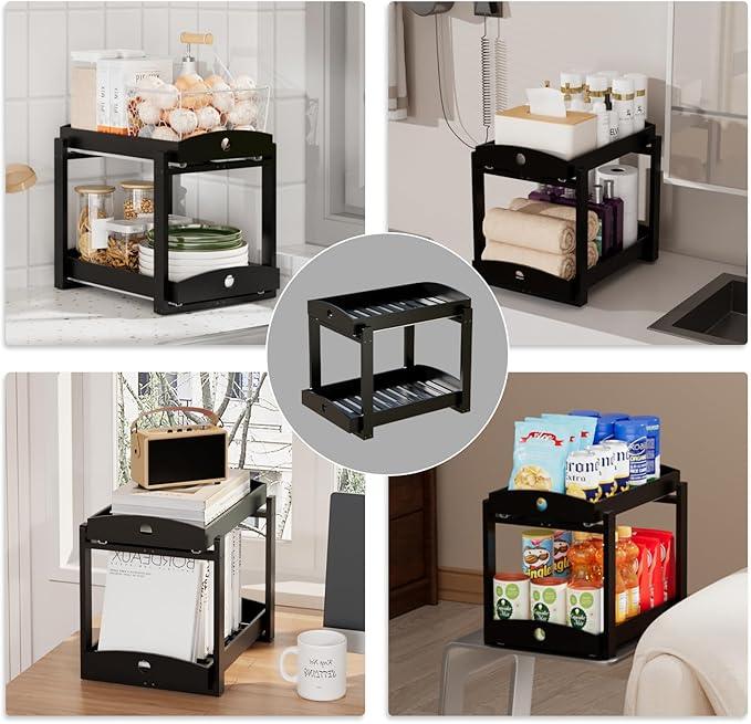 Bamboo Wood Under Sink Organizer 1 Pack, Pull Out Cabinet Organizer 2 Tier Under Sink Organizers and Storage with Sliding Drawer Sturdy Easy Assembly for Kitchen Bathroom Undersink (Black, 2 Packs) - NeatNest