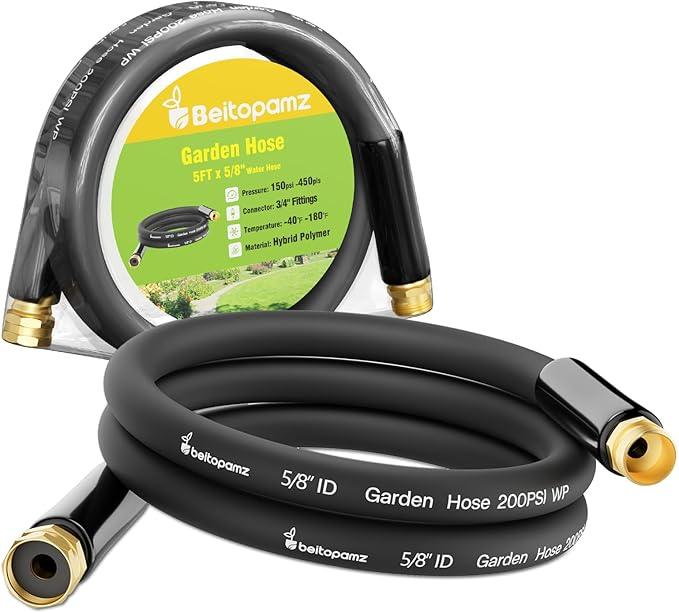 Short Garden Hose 5 ft x 5/8 in Male to Female Heavy Duty Small Water Hose Extend Connector, Lightweight Rubber Hybrid Leader Hose, Leak-Free Connections, BT5B, Black - NeatNest