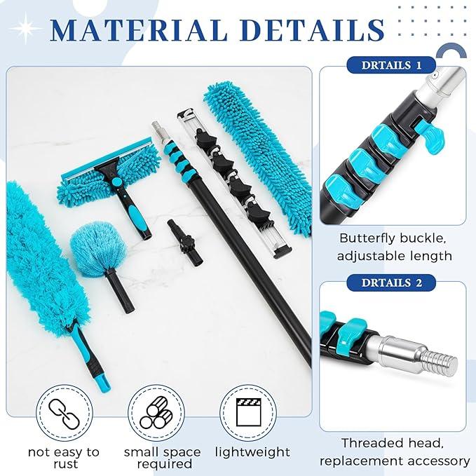 36 Foot High Reach Duster Kit with 7-30 ft Extension Pole, High Ceiling Fan Cleaner Duster Tool for Fan Blades, Window Squeegee, Washable Dust Brush for Roof and Glass Surfaces (7-30 ft) - NeatNest