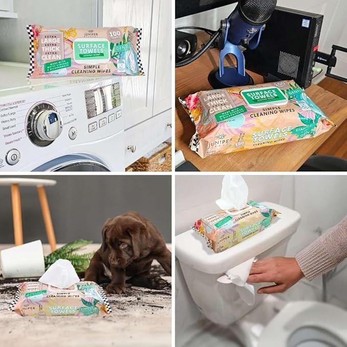 6 Packs Surface Cleaning Wipes Bleach Free, Thick & Large Dispose, All-Purpose Cleaner for Bathroom, Kitchen, Office, 600 Count Soft Flow, Biodegradable, Juniper Scent - NeatNest