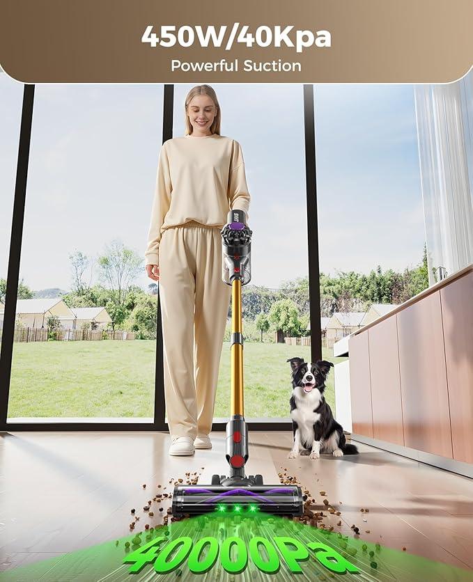 Cordless Vacuum Cleaner, 450W 40KPA Vacuum Cleaners for Home, 45 Mins Lightweight Stick Vacuum with LED Display, Anti-Tangle, Rechargeable Battery Vacuum for Carpet,Pet Hair,Hardwood Floor - NeatNest