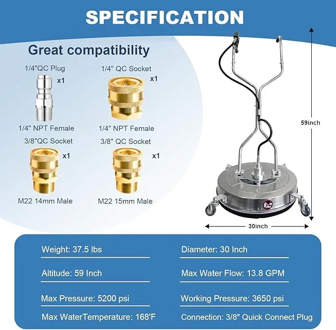 30" Pressure Washer Surface Cleaner with 4 Wheels, Stainless Steel Dual Handle Surface Cleaner for Pressure Washer 5200 PSI Attachment for Concrete, Deck, Driveways, Patios, Sidewalks - NeatNest