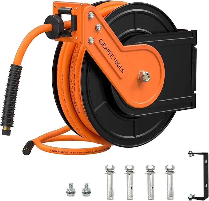 Giraffe Tools TA15BPLUS Retractable Air Hose Reel with Swivel Bracket 3/8" x 50 ft Hybrid Hose, Ceiling/Wall Mounted Heavy Duty Industrial Air Compressor Hose Reel, 300PSI, 50ft - NeatNest