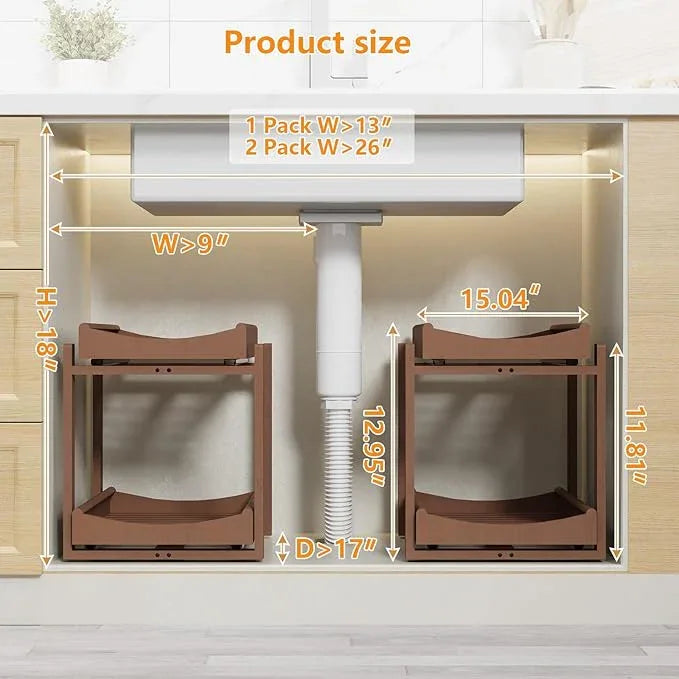 Bamboo Under Sink Organizer Adjustable Height 2 Tier Bathroom Organizer Pull Out Cabinet Storage Kitchen Heave Duty Wood Slide Ou Shelf for Kitchen Bathroom (Brown, 2 Packs) - NeatNest