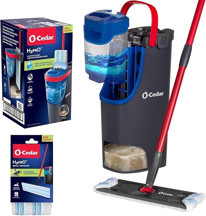 O-Cedar H2prO Flat Mop System with 1 Mop Head Refill | Quick Cleaning Tool | Clean with Clean Water | Machine Washable Reusable Microfiber Mop Pad | Safe on Wood Floors, Vinyl, Tile, Baseboards, Walls - NeatNest