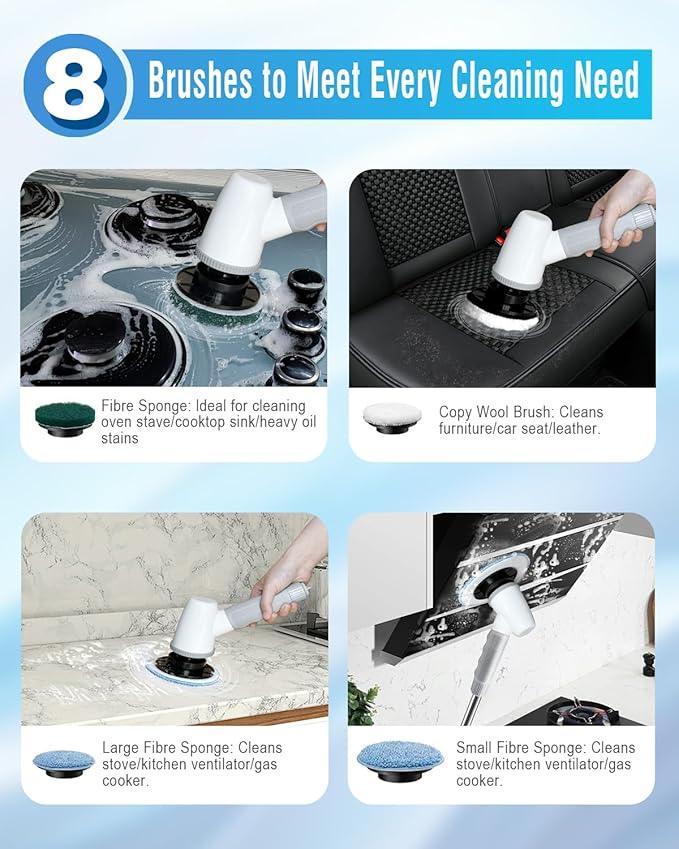 Electric Spin Scrubber Bathroom Scrubber - Cordless Shower Scrubber with Adjustable Handle, 2 Speeds, Bathroom Scrubber with 8 Replaceable Brush Heads, Power Scrubber for Bathroom Bathtub Cleaning - NeatNest