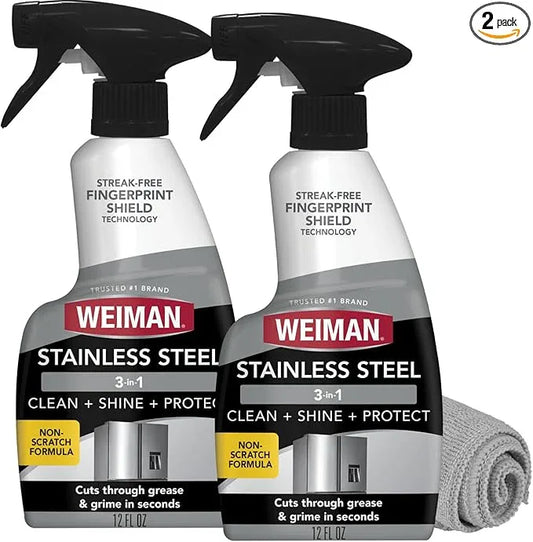 Weiman Stainless Steel Cleaner and Polish - 2 Pack - Removes Fingerprints, Residue, Water Marks and Grease from Appliances w/Buffing Towel - NeatNest