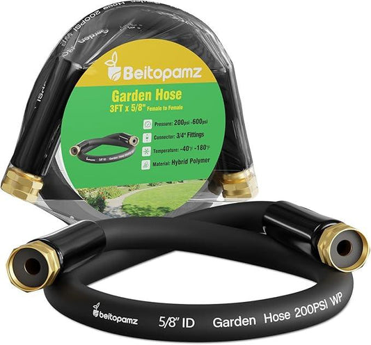 Short Garden Hose 3 ft x 5/8" Female to Female, Heavy Duty Small Water Hose Extend Connector, Leak-Free Connections Hybrid Rubber Leader Hose with 3/4" Double GHT Fittings, Black - NeatNest