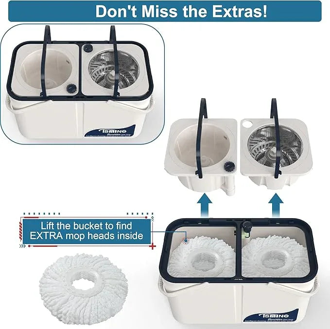 Gen 1 Large-Capacity Spin Mop and Bucket – for Big Homes & Deep Cleaning Days,4-Chamber System Separates Dirty & Clean Water, 2-GAL Heavy-Duty Design with Wheels & 6 Refill Mop Heads - White/Grey - NeatNest