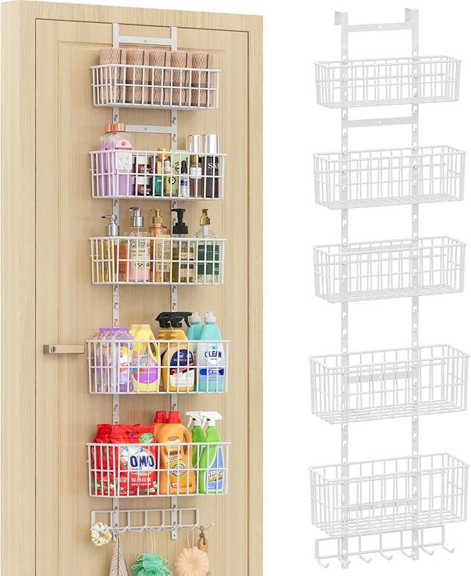 Adjustable Over The Door Organizer, Metal Hanging Door Organizer with 5 Wire Basket 7 Hooks, Wall Mounted Shelf for Pantry Closet Organization and Storage, White - NeatNest