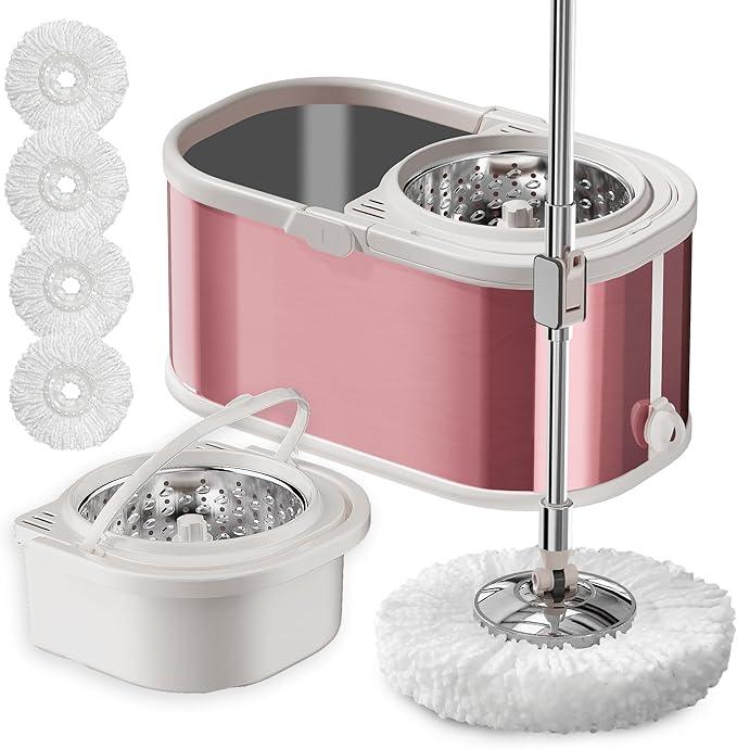 Spin Mop and Bucket with Wringer Set for Home,360° Mop and Bucket with Separate Clean and Dirty Water,Wet Dust Mop for Floor Cleaning with Extra Refills (Pink) - NeatNest