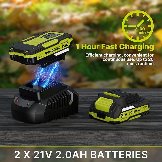 Leaf Blower, 21V Cordless Electric Blower with 2 2.0Ah Batteries and 1 Hour Fast Charger, Lightweight Leaf Blower for Patio Cleaning, Lawn Care, Blowing Fallen Leaves and Dust, etc. - NeatNest
