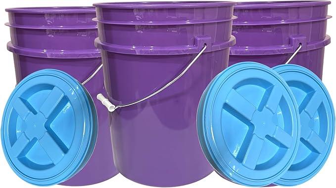 House Naturals 5 Gallon Purple Food Grade Plastic Bucket with Screw on Gamma lid, BPA Free, Made in USA (Pack of 3) (Purple Bucket with Aqua lids) - NeatNest