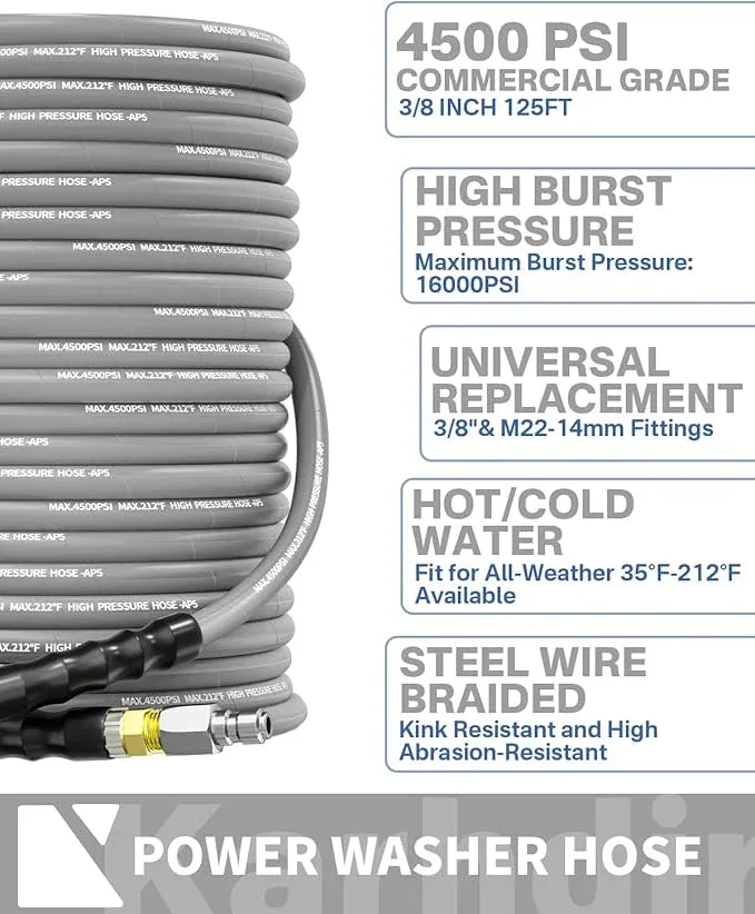 Pressure Washer Hose 125FT 3/8" for Cold and Hot Water 212°F, with Swivel Quick Connect, 4500PSI Kink Resistant Grade Steel Wire Braided, Power Washer Hose With 2pcs M22-14mm Adapter - NeatNest