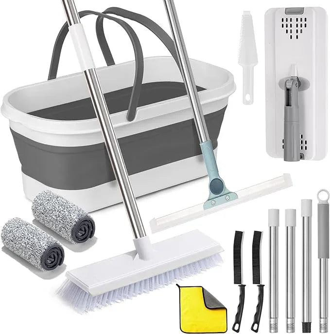 Flat Mop and Bucket Set with Floor Squeegee, Heavy Duty Scrub Brush, 2 Washable Reusable Microfiber Pads, for Tile Hardwood, Wall Cleaning, Home Indoor or Outdoor Cleaning (White-Gray) - NeatNest