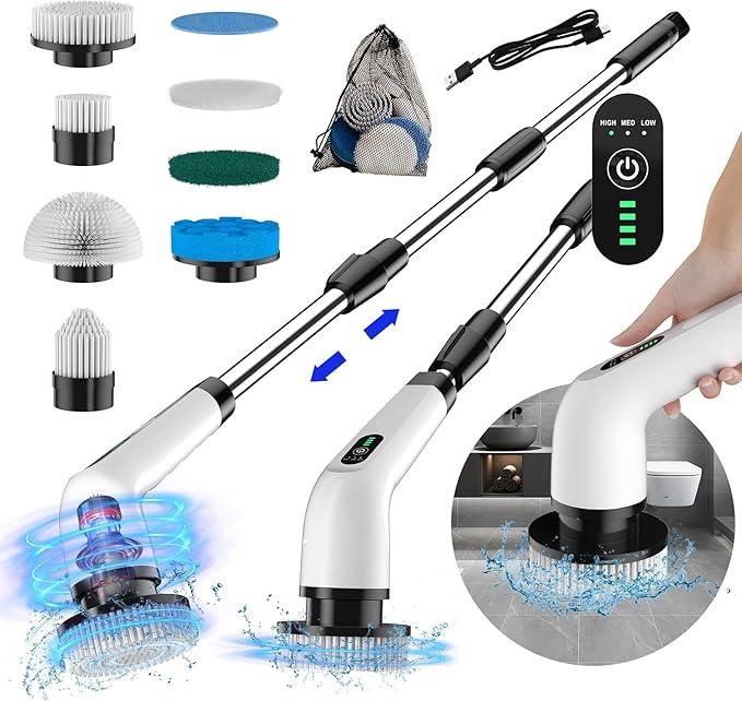 3-Speed Electric Spin Scrubber for Bathroom, 120Mins Runtime, Cordless Power Cleaning Brush with 8 Brush Heads, 3000mAh Shower Scrubber with Long Handle, Floor Scrubber, Grout Brush Bathtub Cleaning - NeatNest