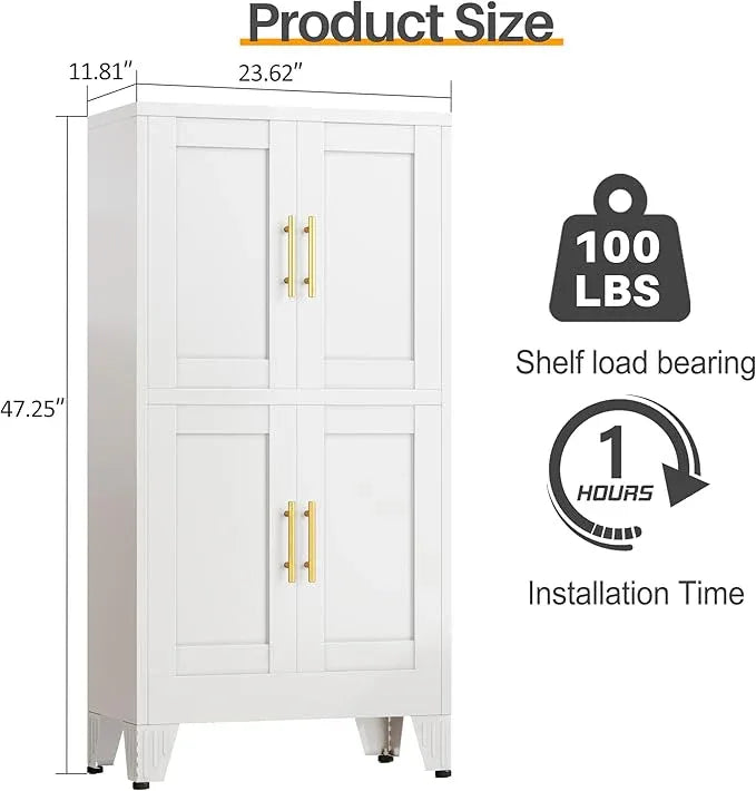 47“H White Metal Bathroom Storage Cabinet, Kitchen Pantry Cabinet with Doors and 3 Adjustable Shelves, Bathroom cabinets Organizer, for Home Office, Bedroom - NeatNest