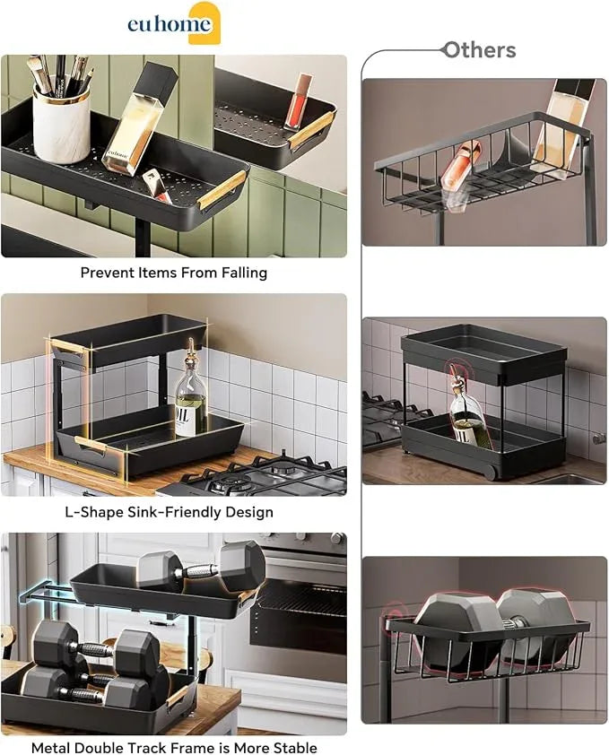 Under Sink Organizer, 2 Tier Adjustable Height Under Sink Organizers and Storage, L-Shaped Slide Out Pull Out Cabinet Organizers for Bathroom Kitchen Pantry (2 Pack, Black) - NeatNest