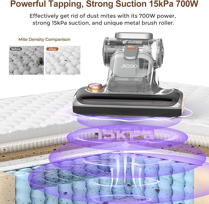 JIGOO T600 Bed Vacuum Cleaner with UV-C Light, 15Kpa Suction 700W Powerful Double Cup Handheld Vacuums, Mattress Vacuum Cleaner with Smart Dust Sensor, Ultrasonic & Heating Tech, HEPA Filter - Corded - NeatNest