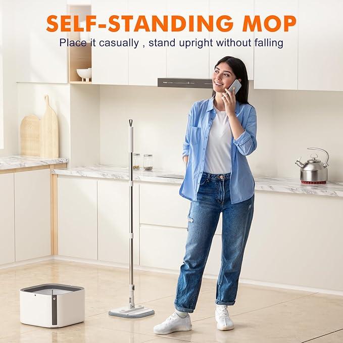 Upgraded Self-Standing Spin Mop and Bucket System, Detachable Inner Mop Bucket That Separates Dirty Water & 90° Foldable Head, Triple-Scrubbing System, for Hardwood Floors - White with 6 Pads - NeatNest